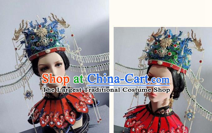 China Ancient Ming Dynasty Empress Green Phoenix Coronet Tassel Hairpins Traditional Drama Hair Accessories Full Set
