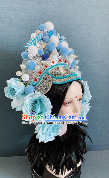 Handmade Chinese Bride Blue Rose Phoenix Coronet Traditional Wedding Hair Accessories Stage Performance Hat