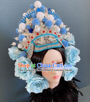 Handmade Chinese Bride Blue Rose Phoenix Coronet Traditional Wedding Hair Accessories Stage Performance Hat