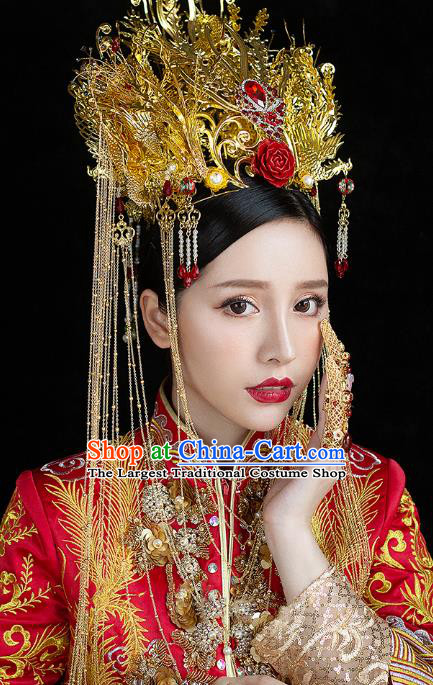 Traditional China Handmade Luxury Phoenix Coronet Ancient Bride Golden Hair Crown Hairpins Wedding Hair Ornament Full Set