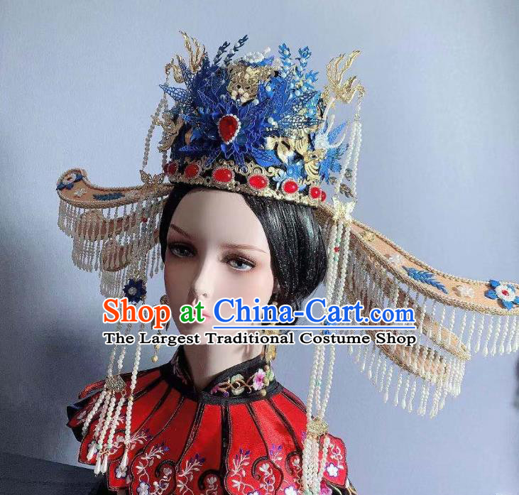 China Song Dynasty Empress Blue Phoenix Coronet Traditional Drama Ancient Court Queen Hair Accessories Full Set