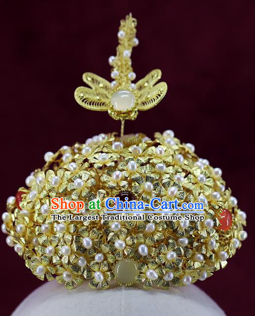 Chinese Ancient Bride Phoenix Coronet Ming Dynasty Golden Dragonfly Hair Crown Traditional Wedding Pearls Hair Accessories