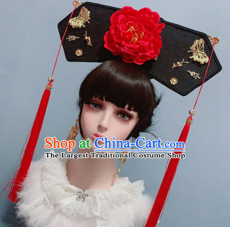 China Traditional Drama Court Phoenix Coronet Ancient Imperial Consort Hair Accessories Qing Dynasty Red Peony Hat