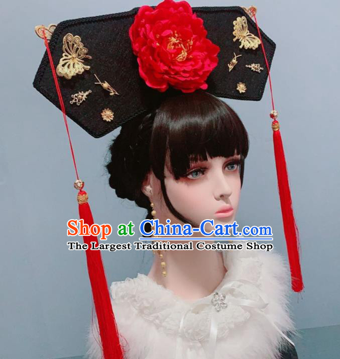 China Traditional Drama Court Phoenix Coronet Ancient Imperial Consort Hair Accessories Qing Dynasty Red Peony Hat