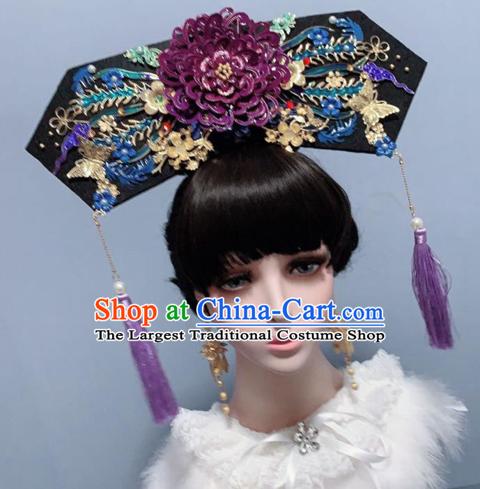 China Traditional Drama Ancient Imperial Consort Hair Accessories Qing Dynasty Court Cloisonne Purple Peony Phoenix Coronet