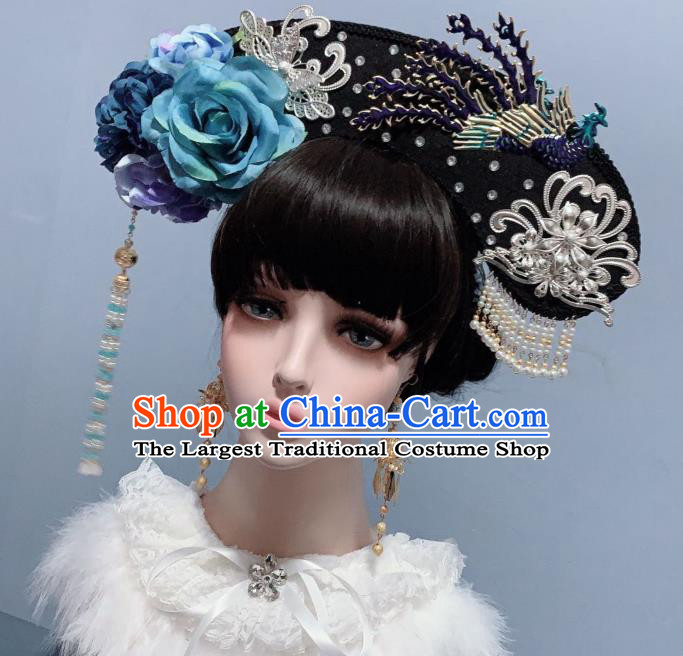 China Qing Dynasty Imperial Consort Blue Silk Peony Phoenix Coronet Ancient Palace Lady Hair Accessories Traditional Drama Court Hat