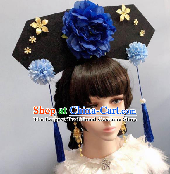 China Traditional Drama Hair Accessories Qing Dynasty Princess Headwear Ancient Palace Lady Blue Peony Hat