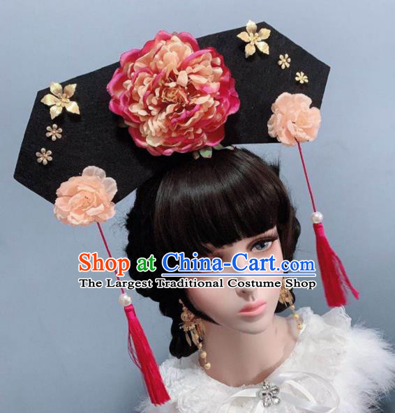 China Traditional Hair Accessories Ancient Princess Peony Hat Qing Dynasty Palace Lady Headwear
