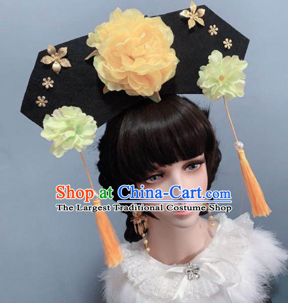 China Qing Dynasty Palace Lady Headwear Traditional Drama Hair Accessories Ancient Princess Yellow Peony Hat