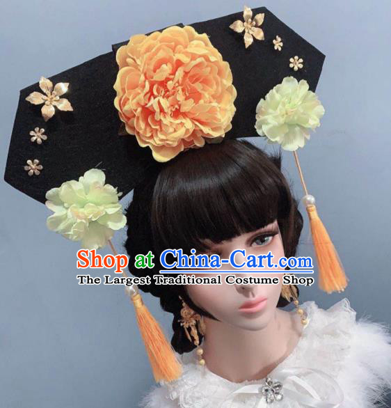 China Ancient Princess Orange Peony Hat Qing Dynasty Palace Lady Headwear Traditional Hair Accessories