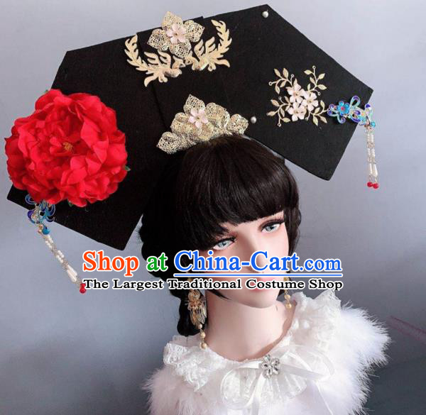China Traditional Ancient Court Giant Headwear Qing Dynasty Imperial Consort Red Peony Hat