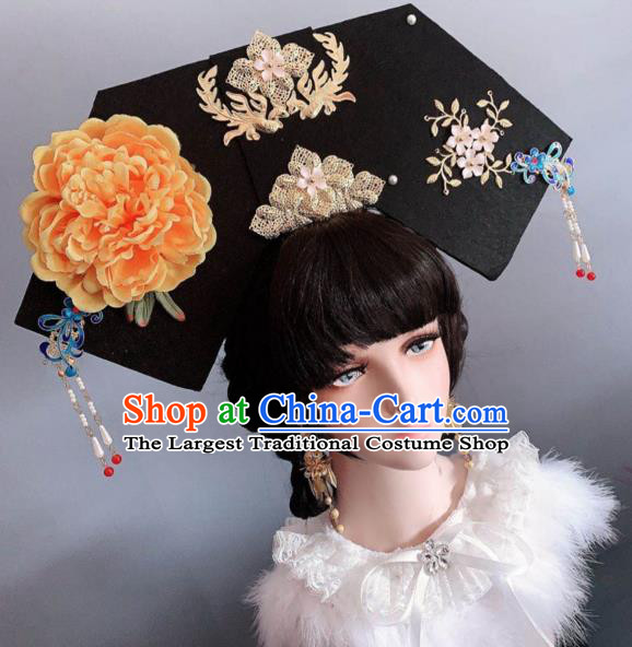 China Qing Dynasty Imperial Consort Orange Peony Hat Traditional Ancient Court Giant Headwear
