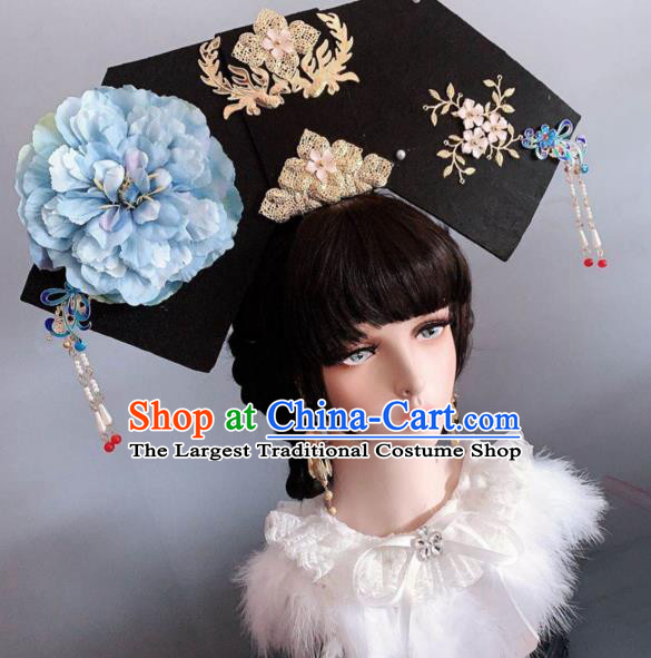 China Traditional Qing Dynasty Imperial Consort Blue Peony Hat Ancient Court Woman Headwear