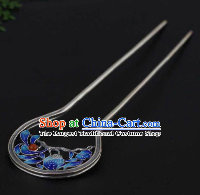 China Ancient Princess Cloisonne Hairpin Traditional National Silver Hair Stick Handmade Hair Accessories