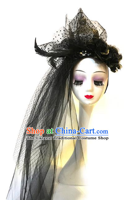 Handmade Gothic Queen Hair Accessories Stage Show Cosplay Headpiece Brazilian Carnival Black Veil Royal Crown Headwear