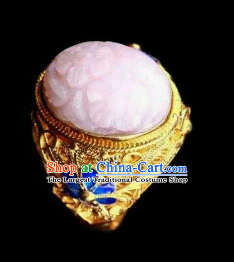 China Ancient Court Queen Carving pink Opal Ring Accessories Traditional Qing Dynasty Cloisonne Jewelry