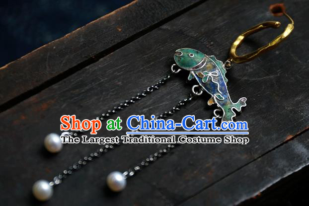 China Handmade Qing Dynasty Blueing Fish Ear Accessories Traditional National Jewelry Ancient Court Empress Pearls Tassel Earrings
