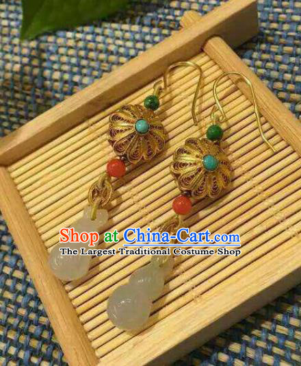 Handmade Chinese Ancient Empress Jade Gourd Ear Accessories Traditional Qing Dynasty Palace Filigree Golden Earrings Jewelry