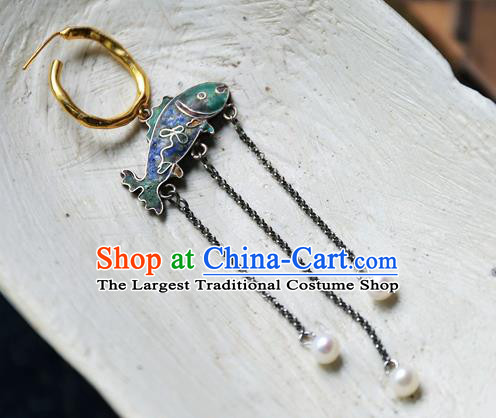 China Handmade Qing Dynasty Blueing Fish Ear Accessories Traditional National Jewelry Ancient Court Empress Pearls Tassel Earrings