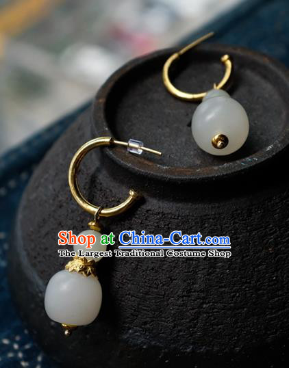 China Handmade Qing Dynasty Queen Ear Accessories National Court Earrings Traditional White Jade Jewelry