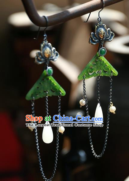 China Traditional Ancient Qing Dynasty Green Jade Earrings National Jewelry Handmade Carving Lotus Ear Accessories