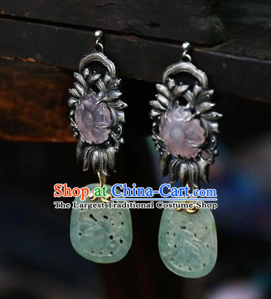 China National Rose Quartz Jewelry Handmade Jade Ear Accessories Traditional Cheongsam Silver Earrings