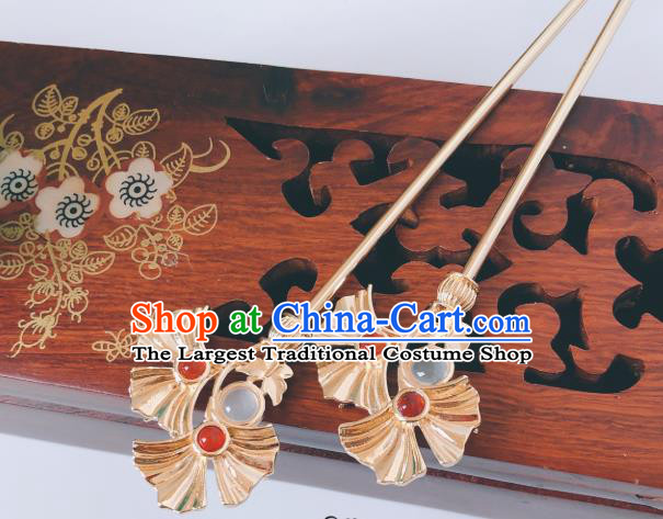 China Ming Dynasty Ginkgo Leaf Hair Stick Traditional Hanfu Hair Accessories Ancient Queen Agate Hairpin