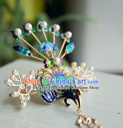 China Ming Dynasty Blueing Phoenix Hair Crown Traditional Hanfu Hair Accessories Ancient Empress Tassel Hairpin