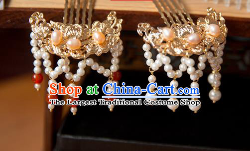 China Ming Dynasty Pearls Hairpin Traditional Hanfu Hair Accessories Ancient Court Lady Golden Hair Combs