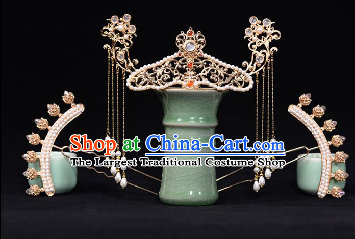 China Ancient Empress Hair Crown Hairpins Traditional Hanfu Hair Accessories Ming Dynasty Imperial Concubine Tassel Step Shake