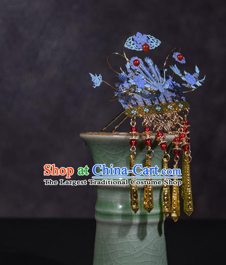 China Ancient Imperial Consort Phoenix Coronet Traditional Hanfu Qing Dynasty Hair Accessories Blueing Hair Comb Hairpins