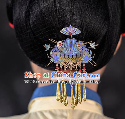 China Ancient Imperial Consort Phoenix Coronet Traditional Hanfu Qing Dynasty Hair Accessories Blueing Hair Comb Hairpins
