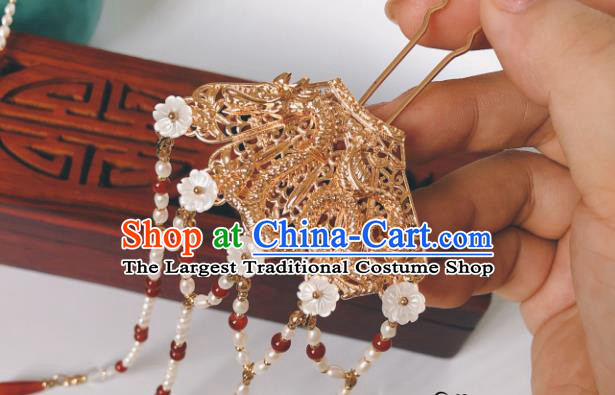 China Traditional Ancient Empress Pearls Tassel Hairpin Golden Dragon Hair Sticks Ming Dynasty Hanfu Hair Accessories