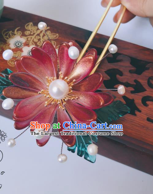 China Ancient Court Lady Red Chrysanthemum Hairpin Traditional Hanfu Hair Stick Qing Dynasty Palace Hair Accessories