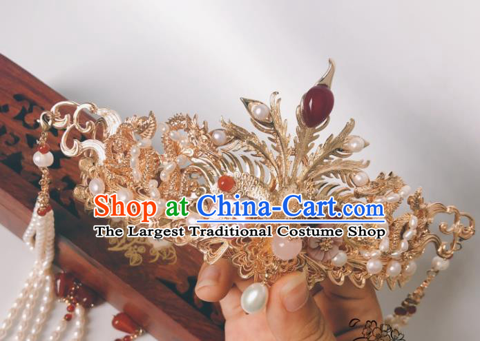 China Ming Dynasty Phoenix Coronet Traditional Hanfu Hairpin Hair Accessories Ancient Court Empress Pearls Tassel Hair Crown
