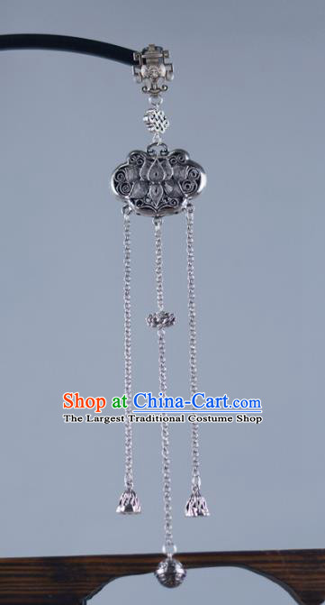 Chinese Traditional Silver Accessories Handmade Tassel Brooch Pendant Cheongsam Carving Lotus Fish Jewelry