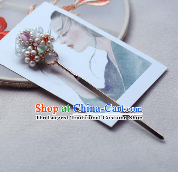 China Handmade Pearls Plum Hairpin Traditional Ming Dynasty Hair Accessories Classical Cheongsam Gems Hair Stick