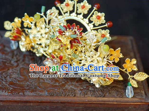 China Bride Hair Crown Hair Accessories Traditional Wedding Xiuhe Suit Red Flower Hairpin