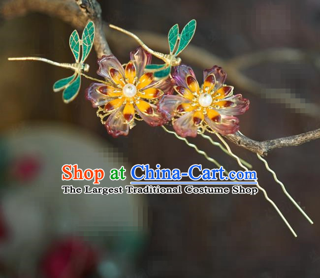 China Traditional Flower Hair Sticks Wedding Xiuhe Suit Hair Accessories Bride Blueing Dragonfly Hairpins