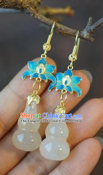 Top Grade Traditional Qing Dynasty Enamel Lotus Ear Accessories China Ancient Court Empress Jade Gourd Earrings Jewelry