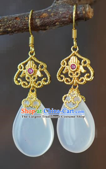 Top Grade Traditional Ear Accessories China Ancient Ming Dynasty Court Empress White Chalcedony Earrings Jewelry