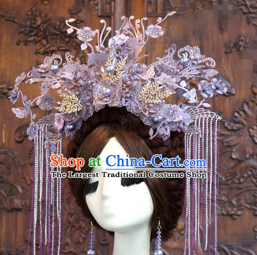 China Ancient Queen Purple Phoenix Coronet Traditional Bride Wedding Hair Accessories Tassel Hair Crown Complete Set
