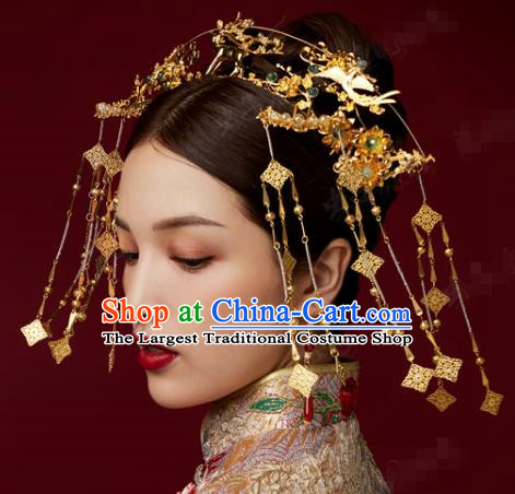 China Traditional Ancient Bride Hair Accessories Tassel Hairpins Earrings Wedding Golden Phoenix Coronet