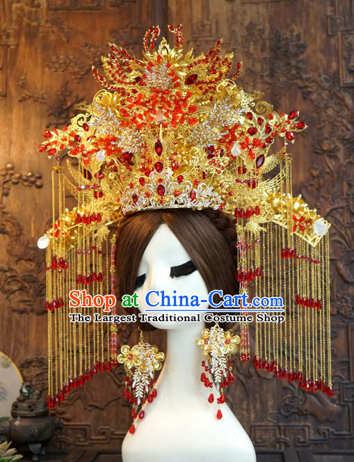 China Traditional Ancient Bride Golden Tassel Hair Crown Wedding Hair Accessories Deluxe Phoenix Coronet and Hairpins Earrings Full Set