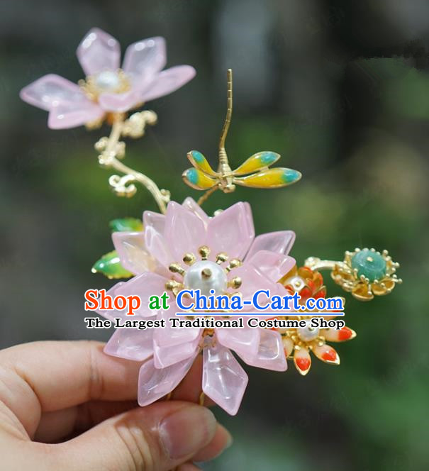 China Ancient Bride Pink Lotus Dragonfly Hair Stick Traditional Xiuhe Suit Hair Accessories Wedding Hairpin