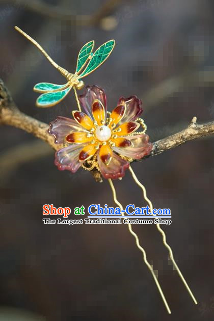 China Ancient Traditional Xiuhe Suit Hair Accessories Wedding Bride Flower Hairpin Qing Dynasty Blueing Dragonfly Hair Stick