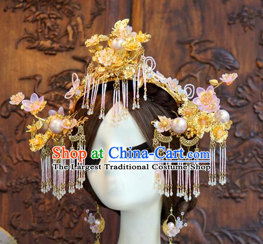 China Ancient Bride Deluxe Tassel Hair Crown and Hairpins and Earrings Wedding Phoenix Coronet Traditional Hair Accessories