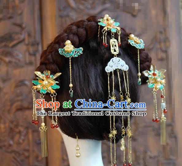 China Traditional Jade Tassel Hair Comb Ancient Wedding Bride Hair Accessories Hairpins Tassel Hair Sticks Full Set