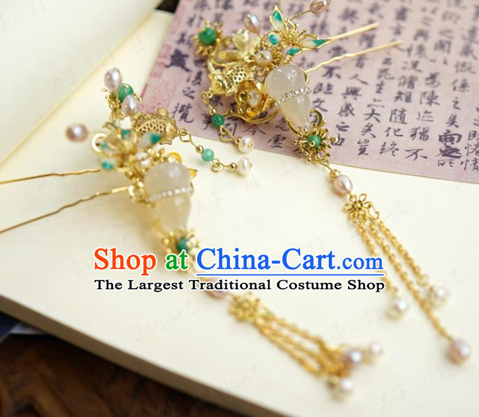 China Ancient Palace Golden Fish Hairpin Wedding Bride Gourd Hair Stick Traditional Xiuhe Suit Hair Accessories