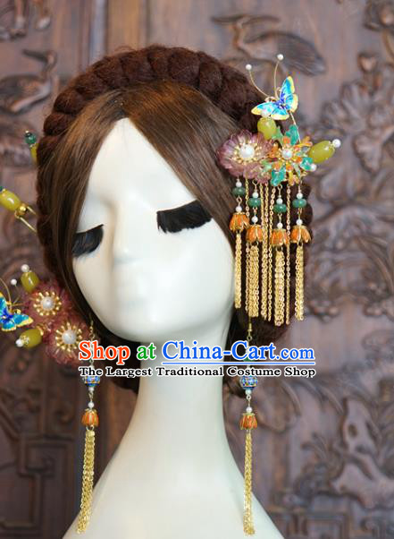 China Wedding Bride Blueing Butterfly Hairpin Ancient Tassel Jade Hair Stick Traditional Xiuhe Suit Hair Accessories